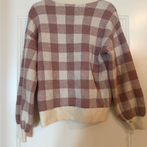 LOFT Mauve Checkered Gingham V-Neck Sweater - Size Small - Picture 3 of 5